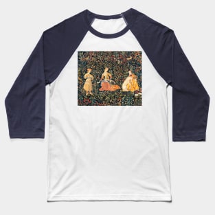 LADIES AND UNICORN AMONG FLOWERS, FOREST ANIMALS FLEMISH FLORAL Baseball T-Shirt